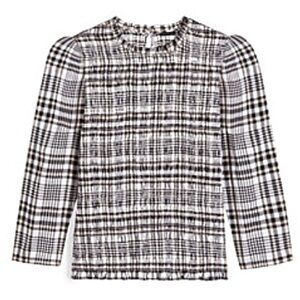 Ann Taylor Plaid Smocked Blouse XXS Long Sleeve Black White Ruffle Hem